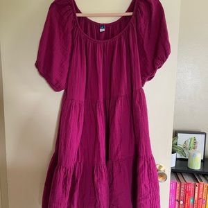 berry puff sleeve swing dress